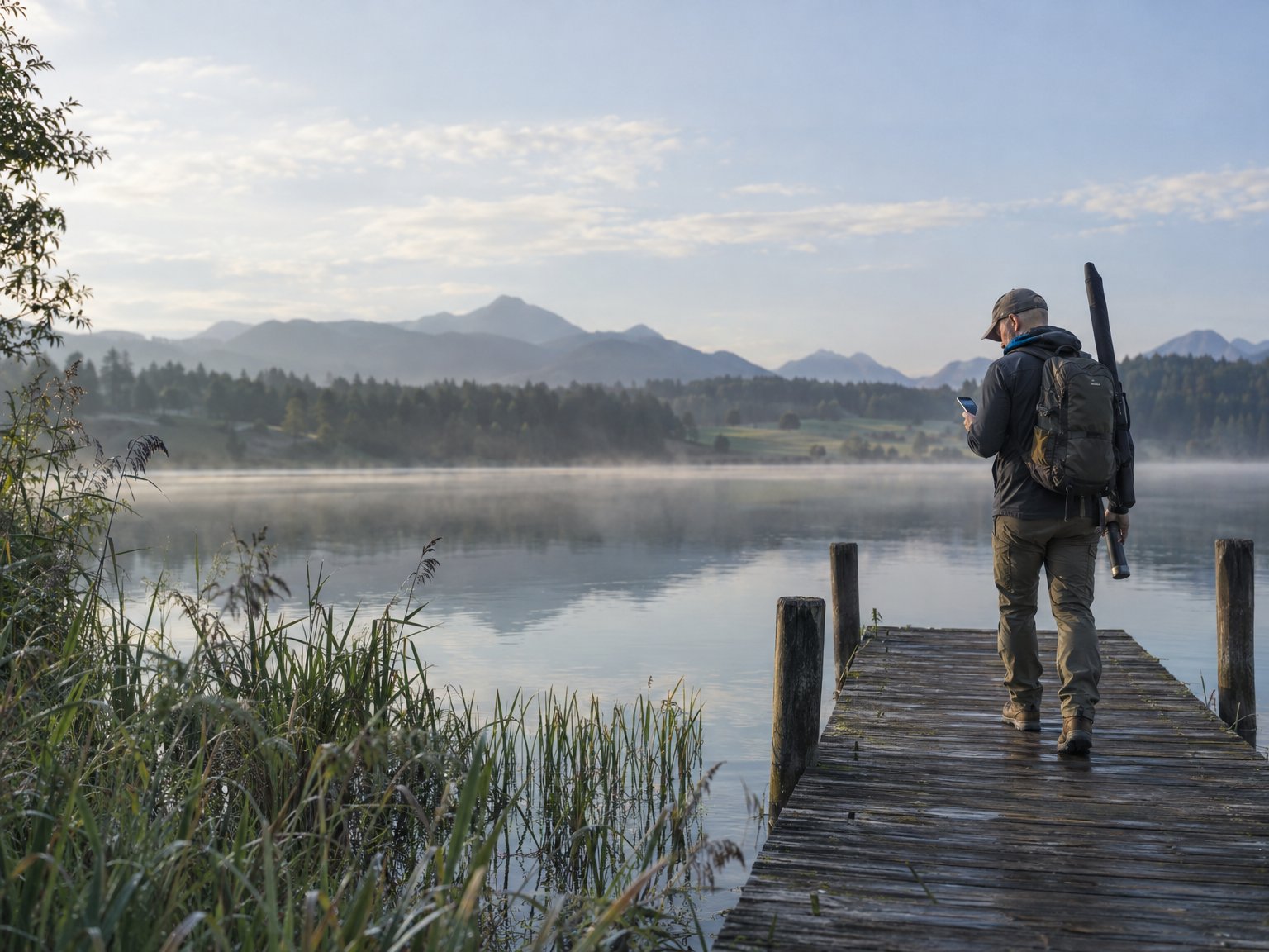 Gastangler zeigt am Steg seine Tageskarte auf dem Smartphone